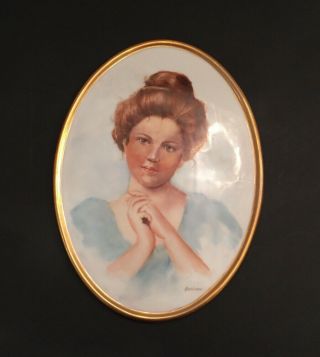Vintage Hand Painted Portrait Young Woman On Porcelain Gold Border Signed 1985