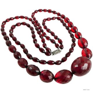Vintage Art Deco C1930 Faceted 2/strand Red Cherry Bakelite Necklace,  30 "