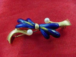 Art Deco Vtg 18k Yellow Gold Sapphire Blue Enamel & Pearl Bow Pin Brooch 1918