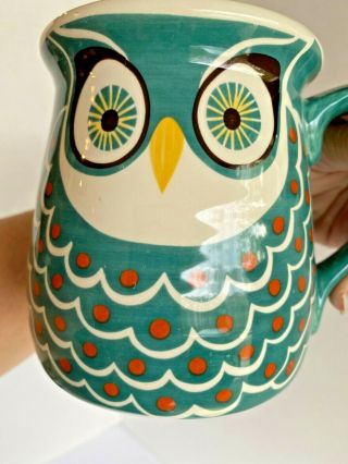 Owl Coffee Mug Katie Brown Ceramic Green W/ White Face & Feathers