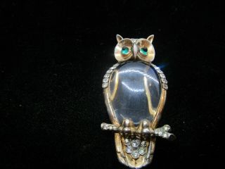 Crown Trifari Jelly Belly Owl Pin Sterling Silver W/ Gold Wash & Lucite Signed