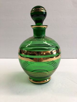 Vintage Mid Century Modern Green And Gold Glass Decanter Bottle