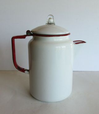 Vintage Red And White Enamel Coffee Pot W/ Glass Percolator Stovetop Camping
