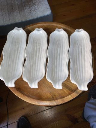 Vintage Signature Japan Corn On The Cob Dishes White Ceramic Set Of 4