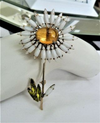 3 3/8 " Large Signed Schreiner York Amber Glass Rhinestone Daisy Flower Pin