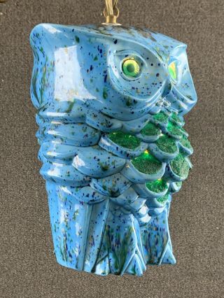 Mid Century Modern Ceramic Blue Drip Glaze Pottery & Slag Owl Hanging Swag Lamp
