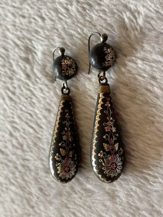 Georgian Victorian Pique Pear Drop Gold Silver Inlay Hook Earrings Jewellery