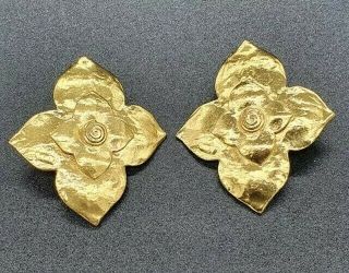 Very Large Vintage Ysl Earrings Clip On Gold Plated Yves St Laurent Flower
