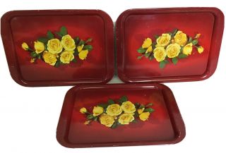 Set Of 3 Vintage Mid Century Metal Serving Lap Tv Tole Tray Red W/ Yellow Roses