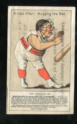 Lockport Ny Rare Baseball Tradecard Hugging The Bat Merchants Gargling Oil 1880s
