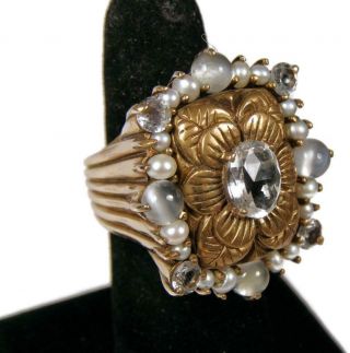 Stephen Dweck Floral Bronze Statement Ring Quartz Moonstone & Pearls Sz 7