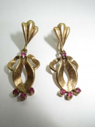 Vintage 60 ' s 14K Gold Ruby Earrings Dangles Florentine 2