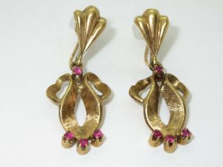 Vintage 60 ' s 14K Gold Ruby Earrings Dangles Florentine 3