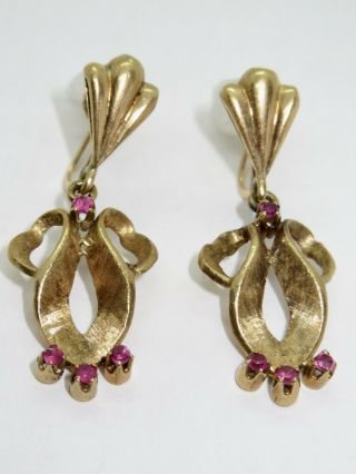 Vintage 60 ' s 14K Gold Ruby Earrings Dangles Florentine 4