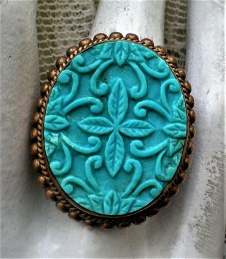 Huge Designer Stephen Dweck Bronze Carved Turquoise Flower Cameo Cocktail Ring