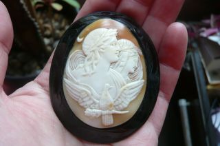 Large Victorian Carved Night And Day Shell Cameo And Whitby Jet Brooch