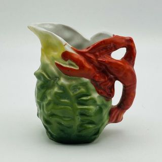 Vintage Ceramic Creamer Pitcher Green W/ Red Lobster Crab Handle 4 " Tall Germany