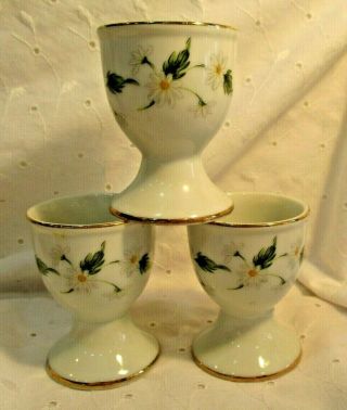 3 Lefton Daisy Pattern Porcelain Egg Cups Gold Trim 2 With Red Stickers