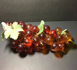 Vintage Mid Century Large Lucite Acrylic Amber Grapes On Driftwood 16” Long