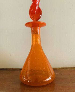 Mid Century Modern Genie Bottle Orange Art Glass Bubbles In Glass 14”h X 6”w