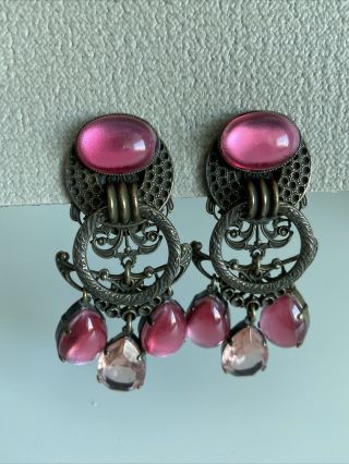 Jean Louis Blin Jl Blin Gorgeous Brass/pink Chandelier Moonstone Clip On Earring