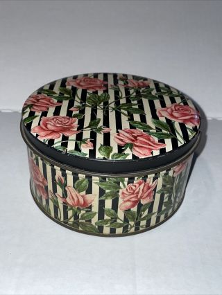 Vintage Tindeco Make Up Powder Tin Balck And White Stripes With Pink Roses Empty