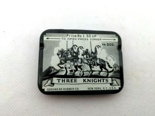 Vintage Prophylactics Tin Three Knights Rs 1.  50 Np 1/4 Doz Goodwear Rubber Co Ny