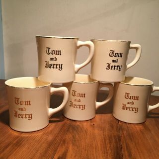 Set Of 5 Tom & Jerry Coffee Cups Gold Trim D Handles