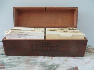 Vintage Wood Recipe Box Full Of 3x5 Cards W/ Recipes - Hinged Lid