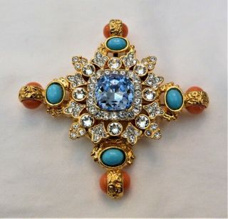 3 " Kjl Kenneth Jay Lane Faux Turquoise Coral Crystal Maltese Pin Or Pendant