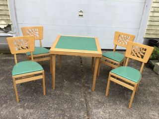 Vintage Mcm Stakmore Folding Card Table & 4 Chairs With Carved Leaf Design
