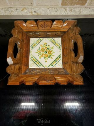 Vintage Wooden Hand Carved Ceramic Floral Tile Serving Tray Wood Handles (b11)