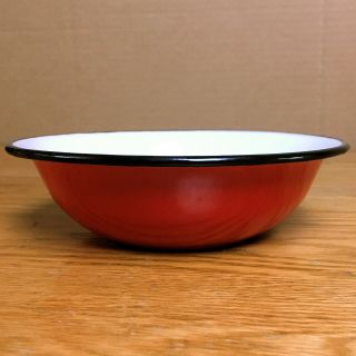 Vintage Enamel Ware Enamelware 7 " Bowl Red And White With Black Trim