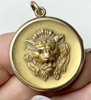 F&h Gold Fill Locket,  Lion Motif.  Antique Jewelry,  Pendant,  Fob,  1800s,  Glass
