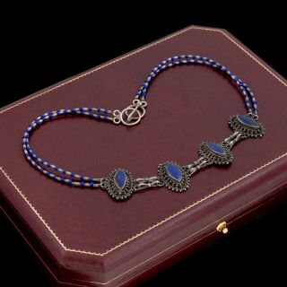 Antique Vintage Deco Sterling Silver Etruscan Lapis Lazuli Collar Necklace 13.  8g