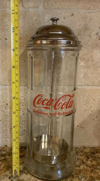 Coca Cola 1992 Vintage Glass Straw Holder Dispenser Chrome Finish Coke Diner Caf