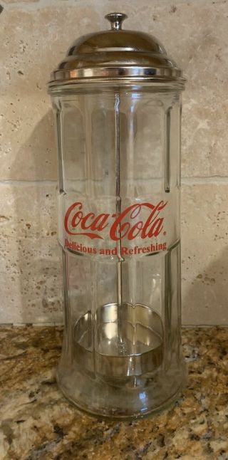 Coca Cola 1992 Vintage Glass Straw Holder Dispenser Chrome Finish Coke Diner Caf 2