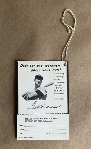 1950s Sears Ted Williams Sta - Dry Doublesided Promotion Autograph Photo Hang Tag