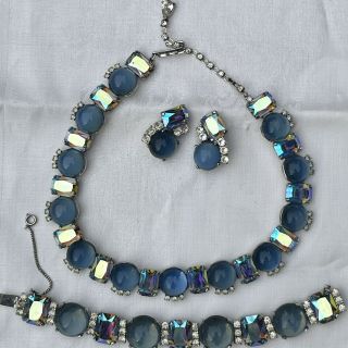Vintage Blue Glass Cabachons Rhinestones Jomaz Necklace And Earrings Set