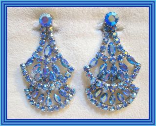 Sherman Peacock Blue Ab - Two Section Double Fan Motif Pendant Style Earrings Nr