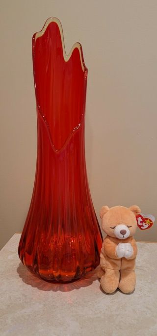 Vintage Huge L.  E.  Smith Red Flame Ribbed Swung 20 " Vase Pristine Mid - Century