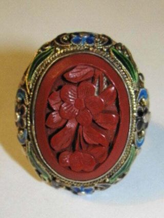 Chinese Enamel 14 Kt Gold Vermeil Sterling Silver Filigree Carved Cinnabar Ring