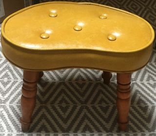 Midcentury Gold Vinyl Kidney Shaped Ottoman/footrest/stool With Turned Wood Legs