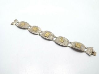 Vintage Sterling Silver 18K Gold Peru Inca Panel Link Story Bracelet,  13.  1g 2