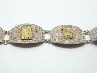 Vintage Sterling Silver 18K Gold Peru Inca Panel Link Story Bracelet,  13.  1g 4