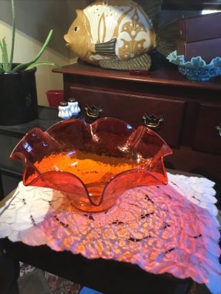 Vintage Blenko Tangerine Ruffled Crackle Glass Large Bowl