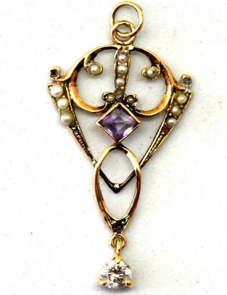 Antique Victorian 10k Solid Gold,  Pearl,  Amethyst And Natural Diamond Pendant