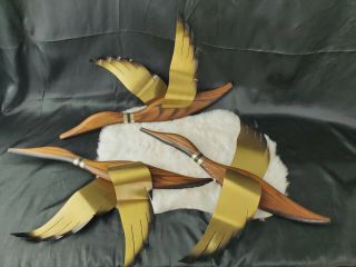 3 Mcm Teak Wood Flying Duck Decoy Metal Wings Hanging Decor Mid Century Hunting