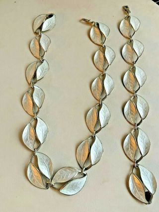 David Andersen White Enamel Double Leaf Necklace Bracelet Set Sterling Norway