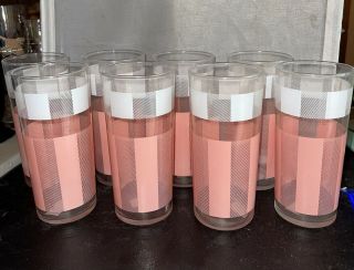 8 Vintage Mid Century Modern Pink White Drinking Glasses